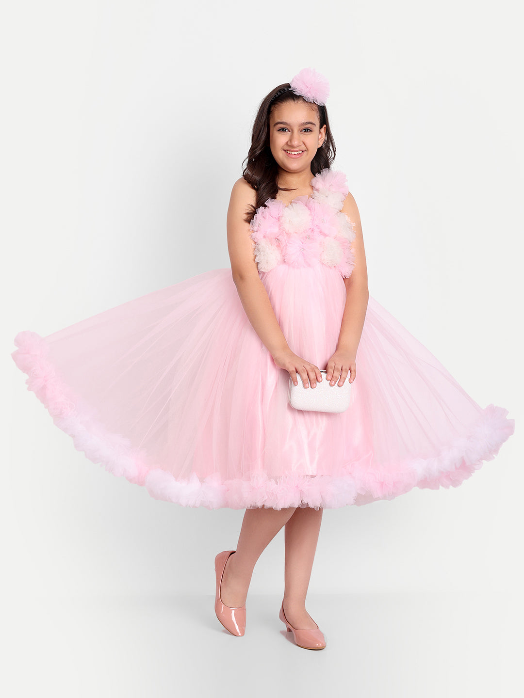 Girls Baby Pink Floral Net Party Gown