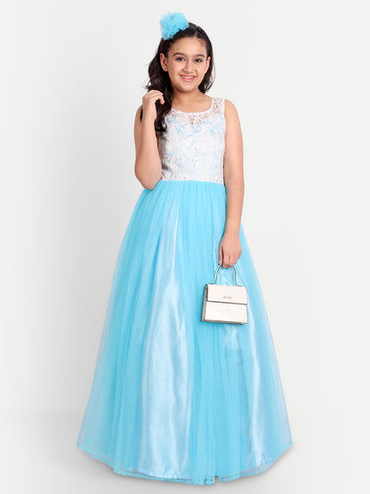 Sky Blue Princess Net Gown for Girls with Floral Lace Bodice