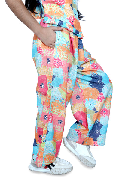 Girls Multicolor Floral Printed Jumpsuit with Wide Leg Fit