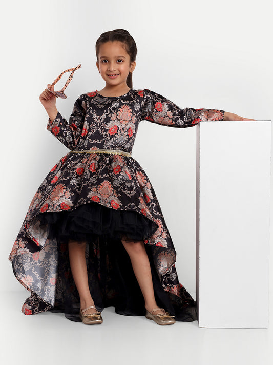 Girls Floral High-Low Satin Fit & Flare Dress – Party Wear