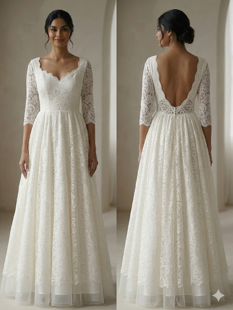 Elegant Ivory Lace Bridal Gown for Women – Romantic A-Line Wedding Dress with Sweetheart Neckline