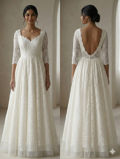 Elegant Ivory Lace Bridal Gown for Women – Romantic A-Line Wedding Dress with Sweetheart Neckline