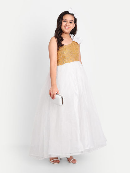 White & Gold One-Shoulder Princess Gown for Girls with Sequin Bodice