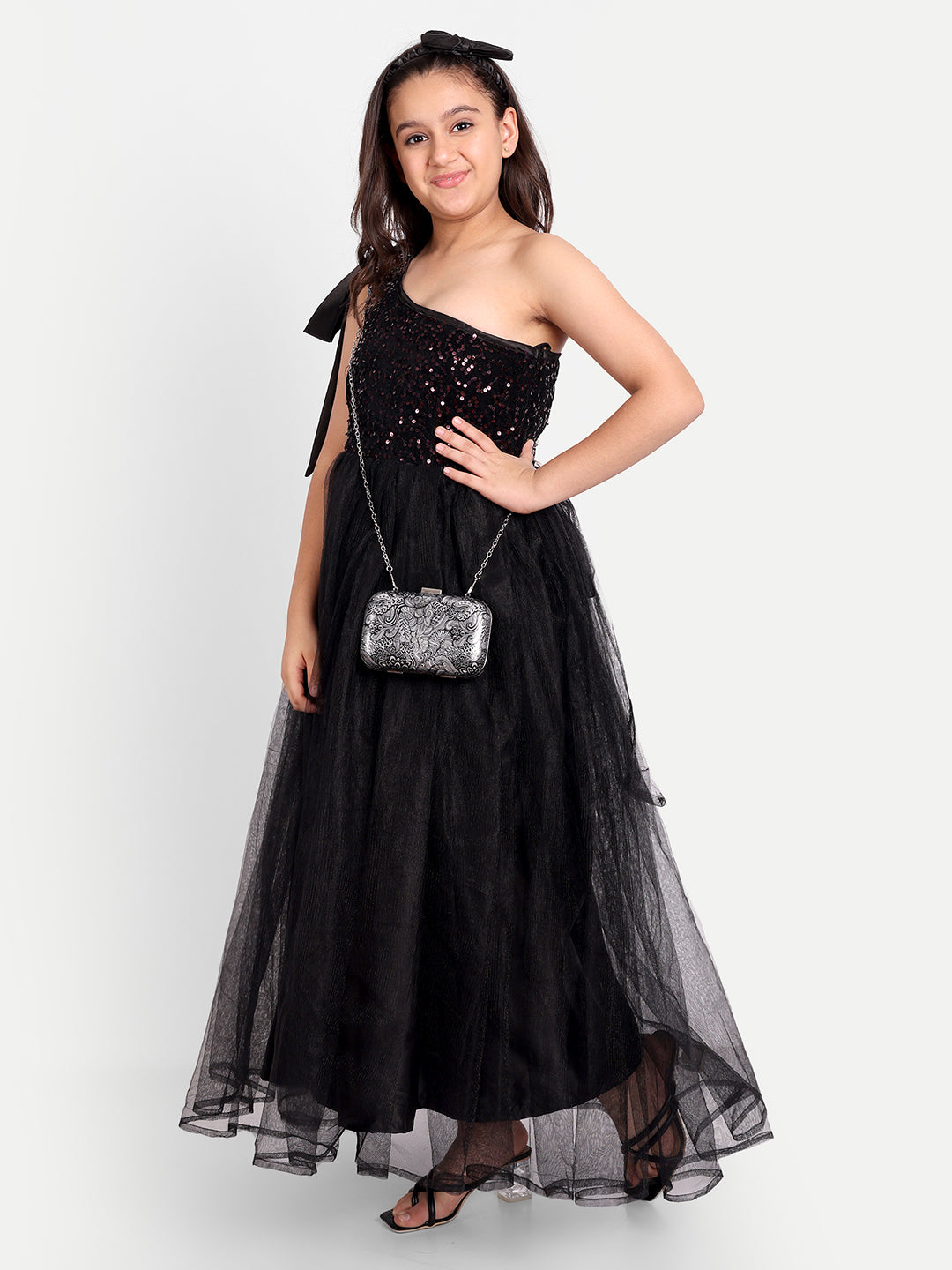 Elegant Black One-Shoulder Sequin Party Gown for Girls