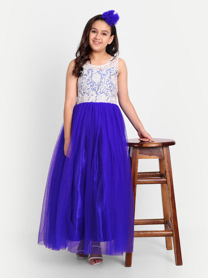 Royal Purple Party Wear Gown for Girls with Lace Embroidery
