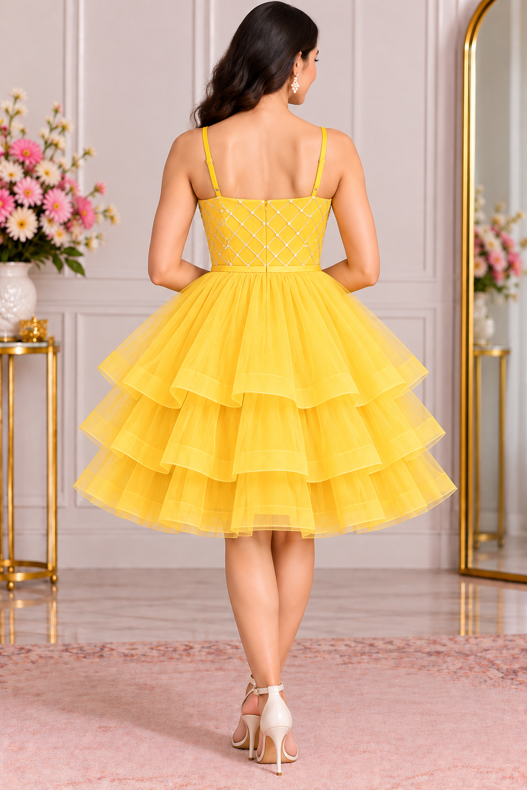 Yellow 3 Layer Knee Length Dress for Women | Net Fabric Party Wear