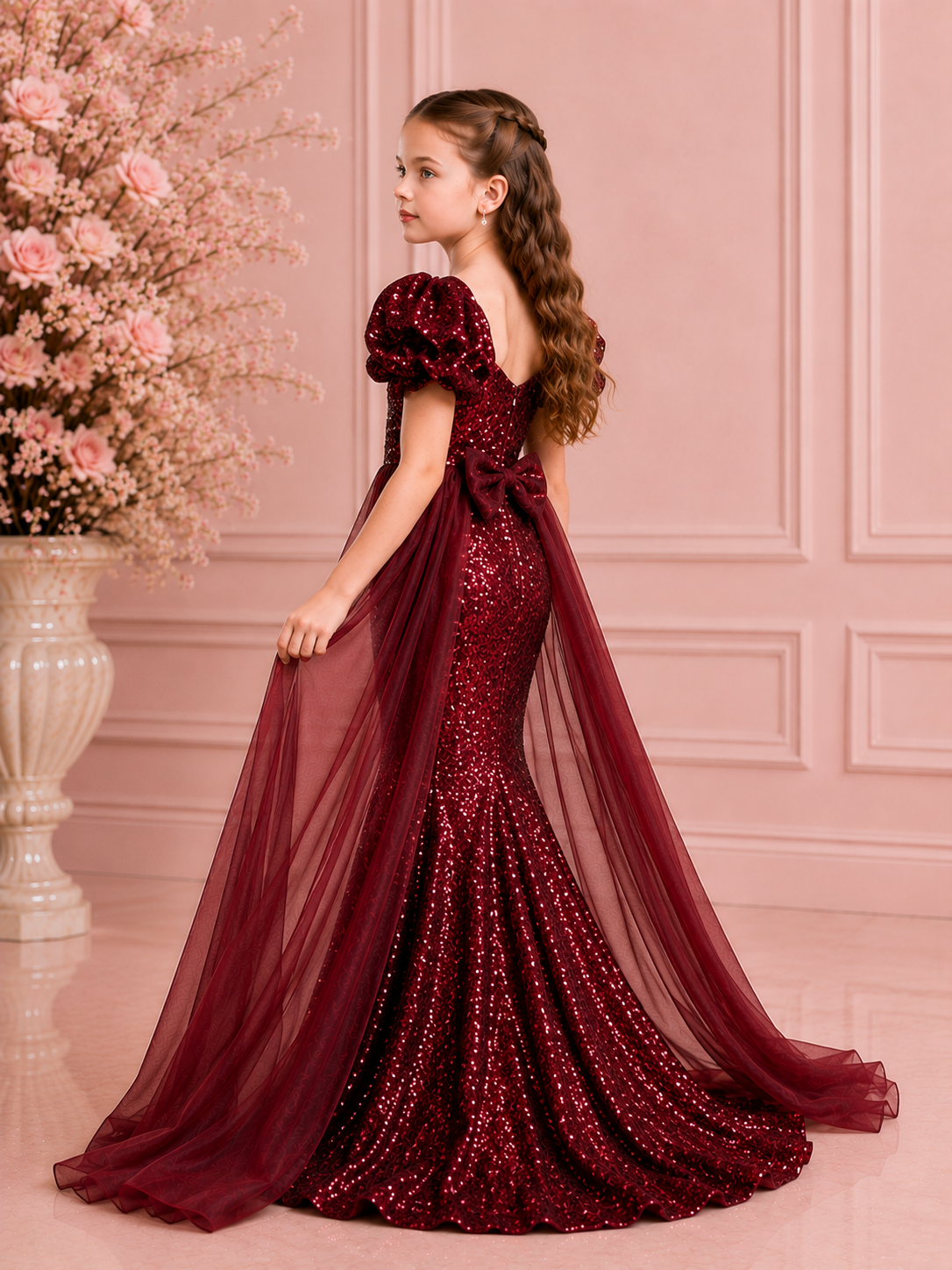 Royal Burgundy Sequin Mermaid Gown with Detachable Cape