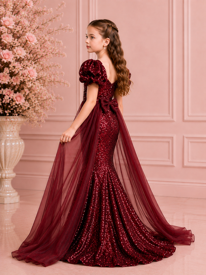Royal Burgundy Sequin Mermaid Gown with Detachable Cape