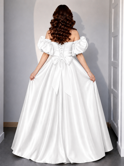 Women’s White Satin Off-Shoulder Puff Sleeve Flared Maxi Gown