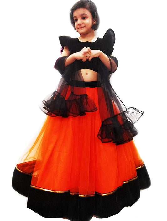 Black & Fiery Orange Ruffle Lehenga Choli Set for Girls