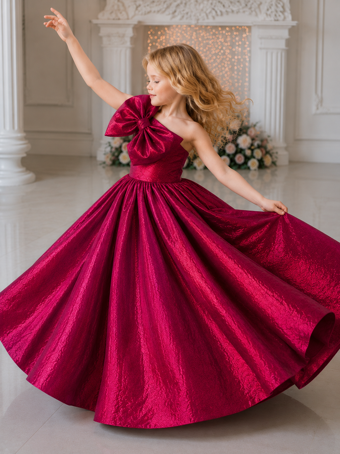 Ruby Royale One-Shoulder Bow Princess Ball Gown