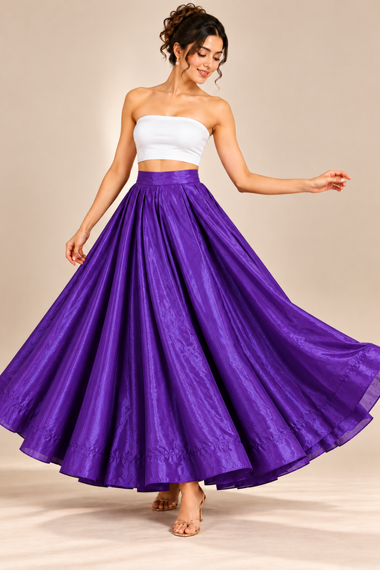 Women’s Royal Purple Glass Satin Flared Maxi Skirt | High-Waist Pleated Full-Length Skirt for Party & Festive Wear