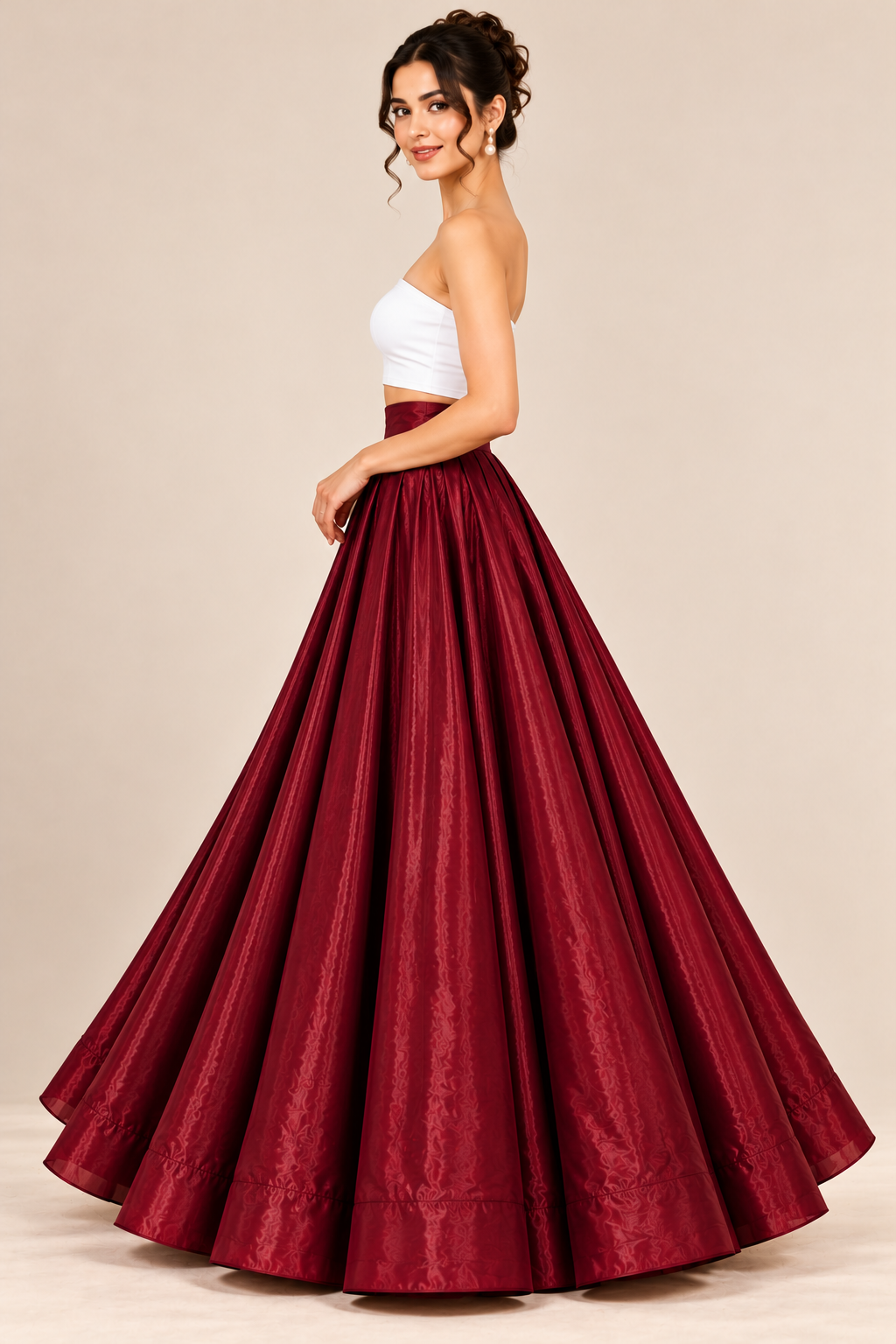 Women’s Maroon Glass Satin Flared Maxi Skirt | High-Waist Pleated Long Skirt for Party & Festive Wear