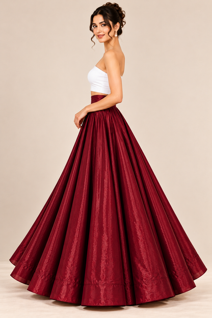 Women’s Maroon Glass Satin Flared Maxi Skirt | High-Waist Pleated Long Skirt for Party & Festive Wear