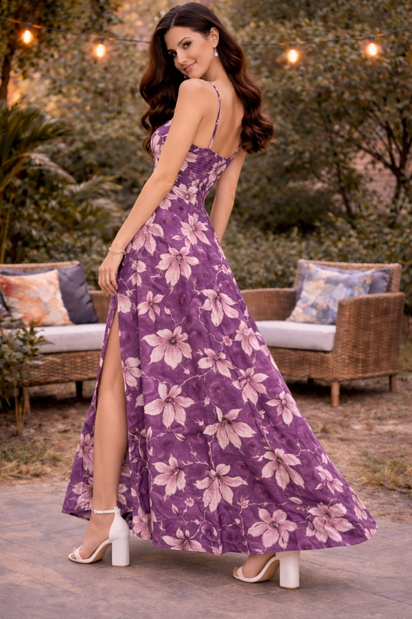 Lavender Blossom Floral Slit Maxi Dress for Women