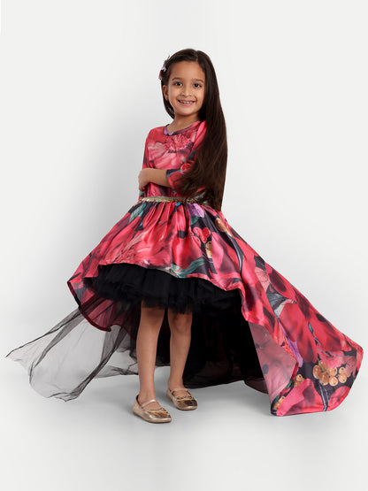 Girls Floral Print High-Low Designer Party Gown