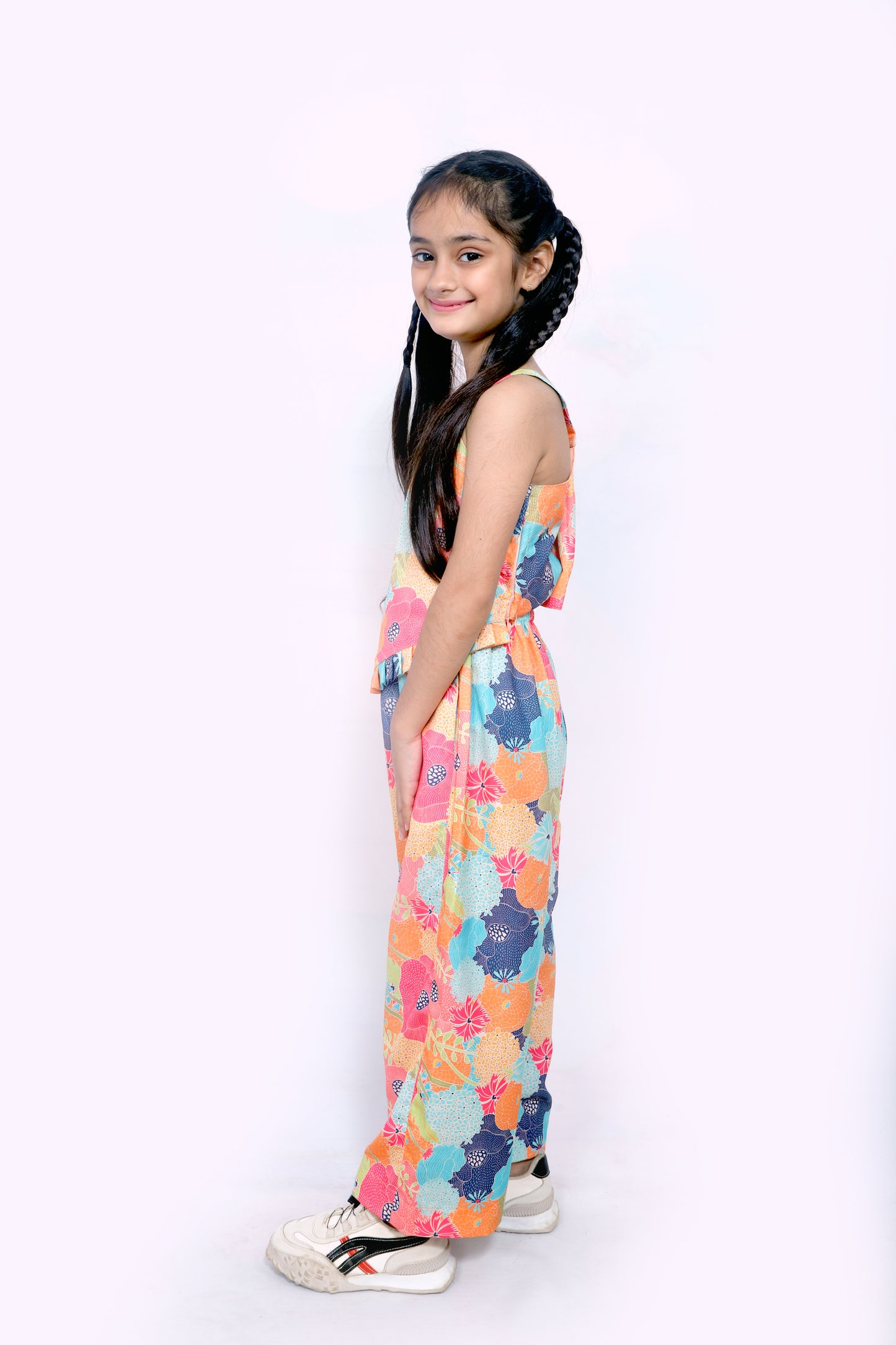 Girls Multicolor Floral Printed Jumpsuit with Wide Leg Fit