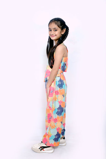 Girls Multicolor Floral Printed Jumpsuit with Wide Leg Fit