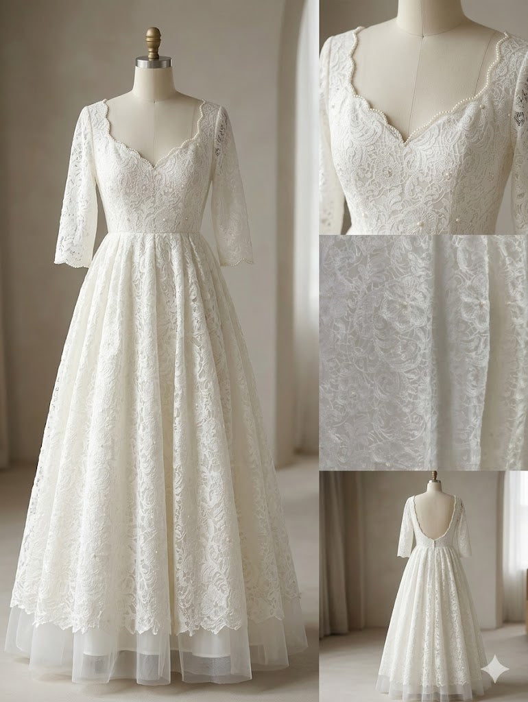 Elegant Ivory Lace Bridal Gown for Women – Romantic A-Line Wedding Dress with Sweetheart Neckline