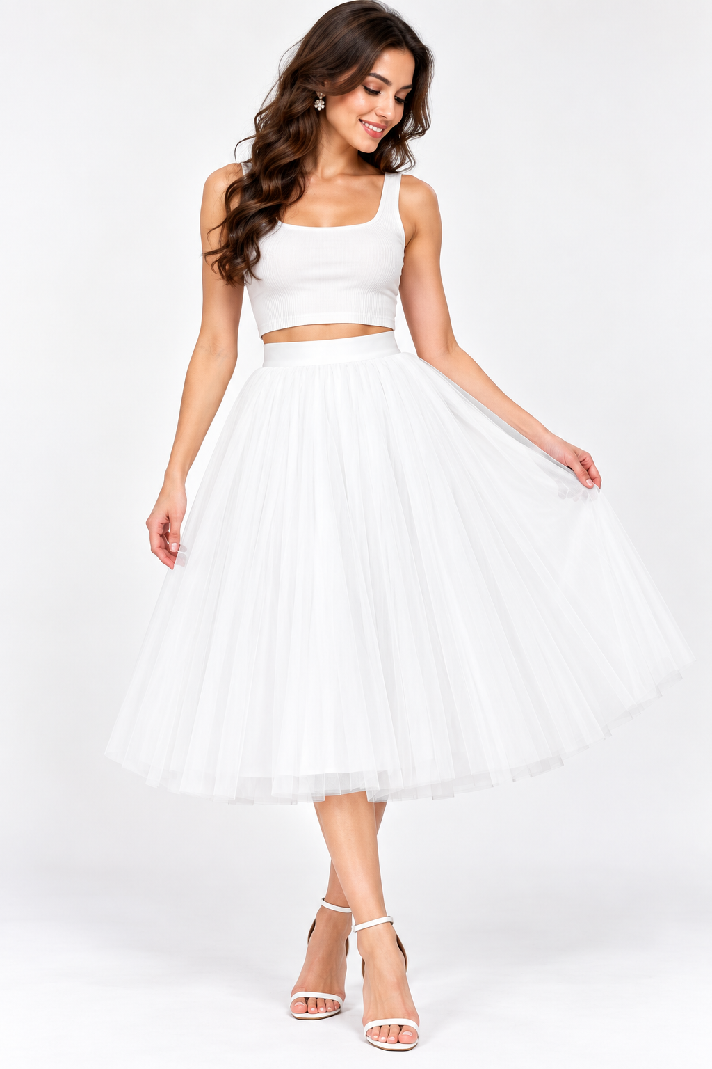 Women’s White Net Knee Length Skirt | Party & Occasion Wear