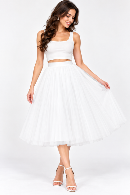 Women’s White Net Knee Length Skirt | Party & Occasion Wear
