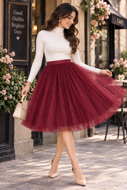 Maroon Knee Length Skirt for Women | Net Party Wear Skirt
