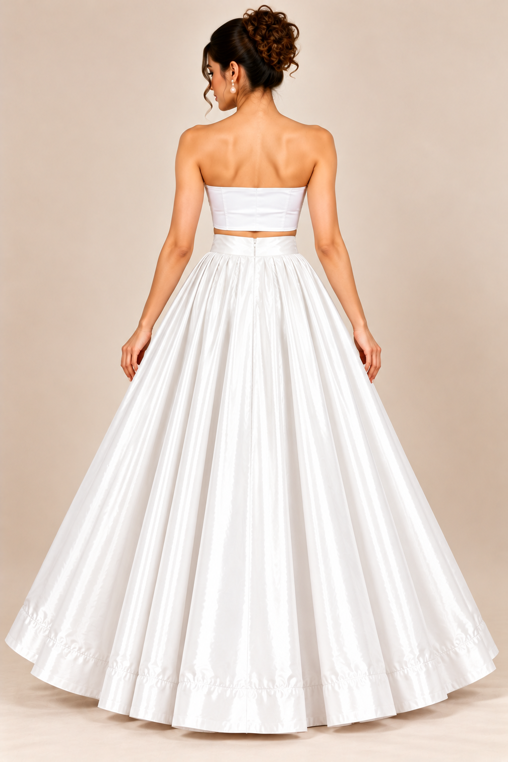 Women’s White Glass Satin Flared Maxi Skirt | High-Waist Pleated Full-Length Party Wear Skirt