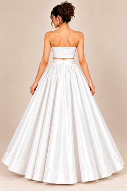 Women’s White Glass Satin Flared Maxi Skirt | High-Waist Pleated Full-Length Party Wear Skirt
