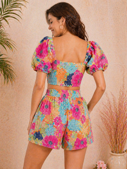 Women’s Multicolor Floral Co-Ord Set with Puff Sleeve Crop Top & Shorts