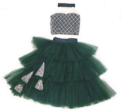 Girls Party Wear Set – Crop Top & Skirt Combo for Kids ( Dark Green )