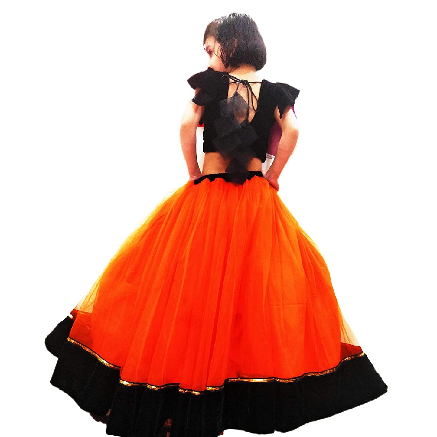 Black & Fiery Orange Ruffle Lehenga Choli Set for Girls