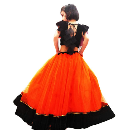 Black & Fiery Orange Ruffle Lehenga Choli Set for Girls