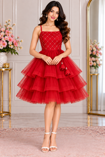 Red 3 Layer Knee Length Dress for Women | Net Fabric Party Wear