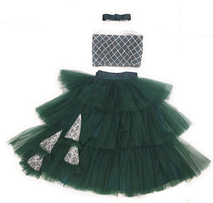 Girls Party Wear Set – Crop Top & Skirt Combo for Kids ( Dark Green )