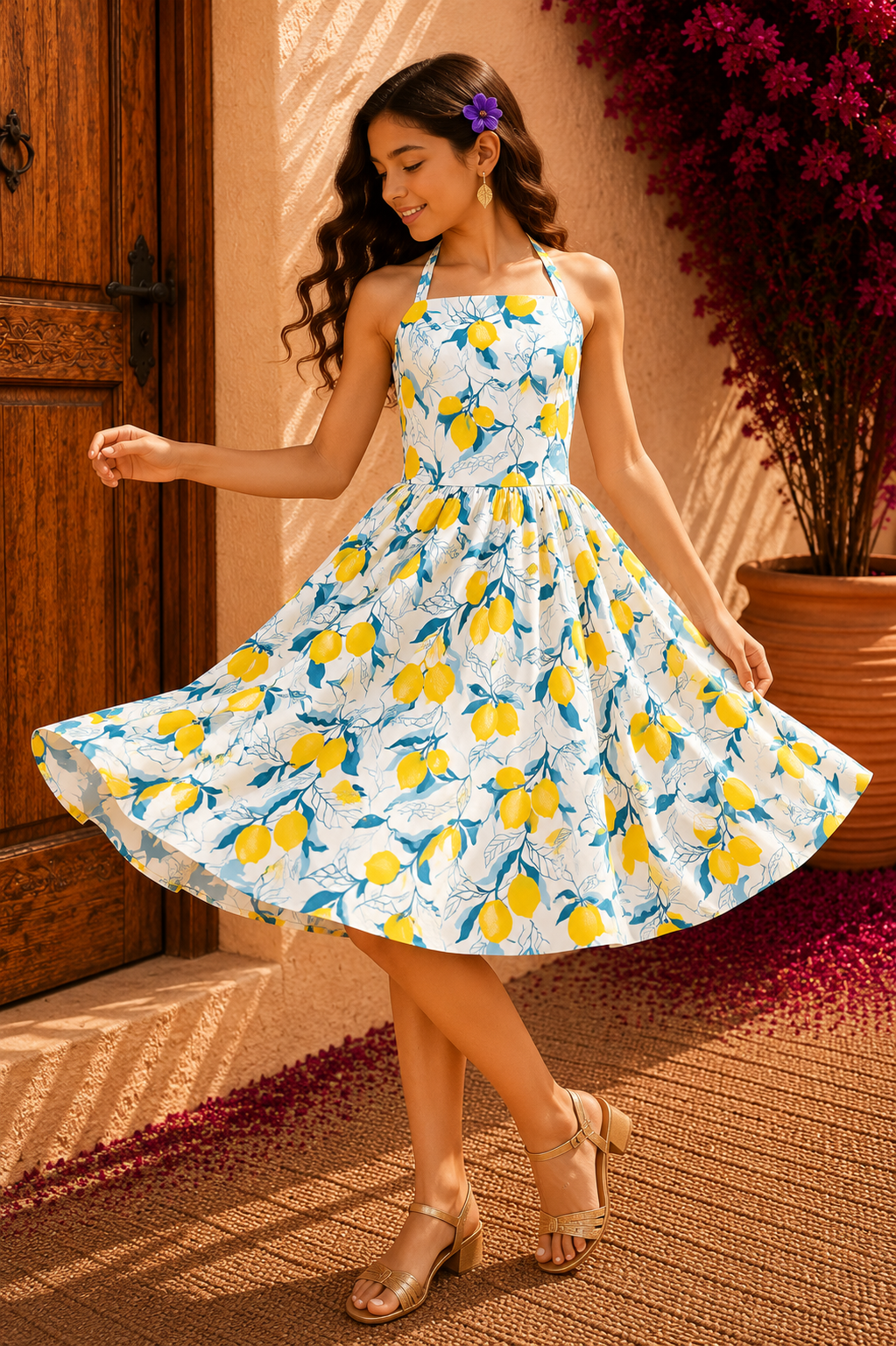 White Cotton Frock for Girls | Stylish Yellow & Blue Pattern