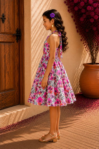 Girls White & Gray Cotton Frock | Multicolor Floral Print Dress
