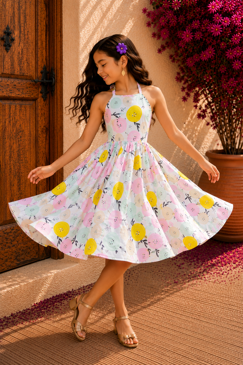 White Cotton Frock for Girls | Pastel Floral Print Kids Dress
