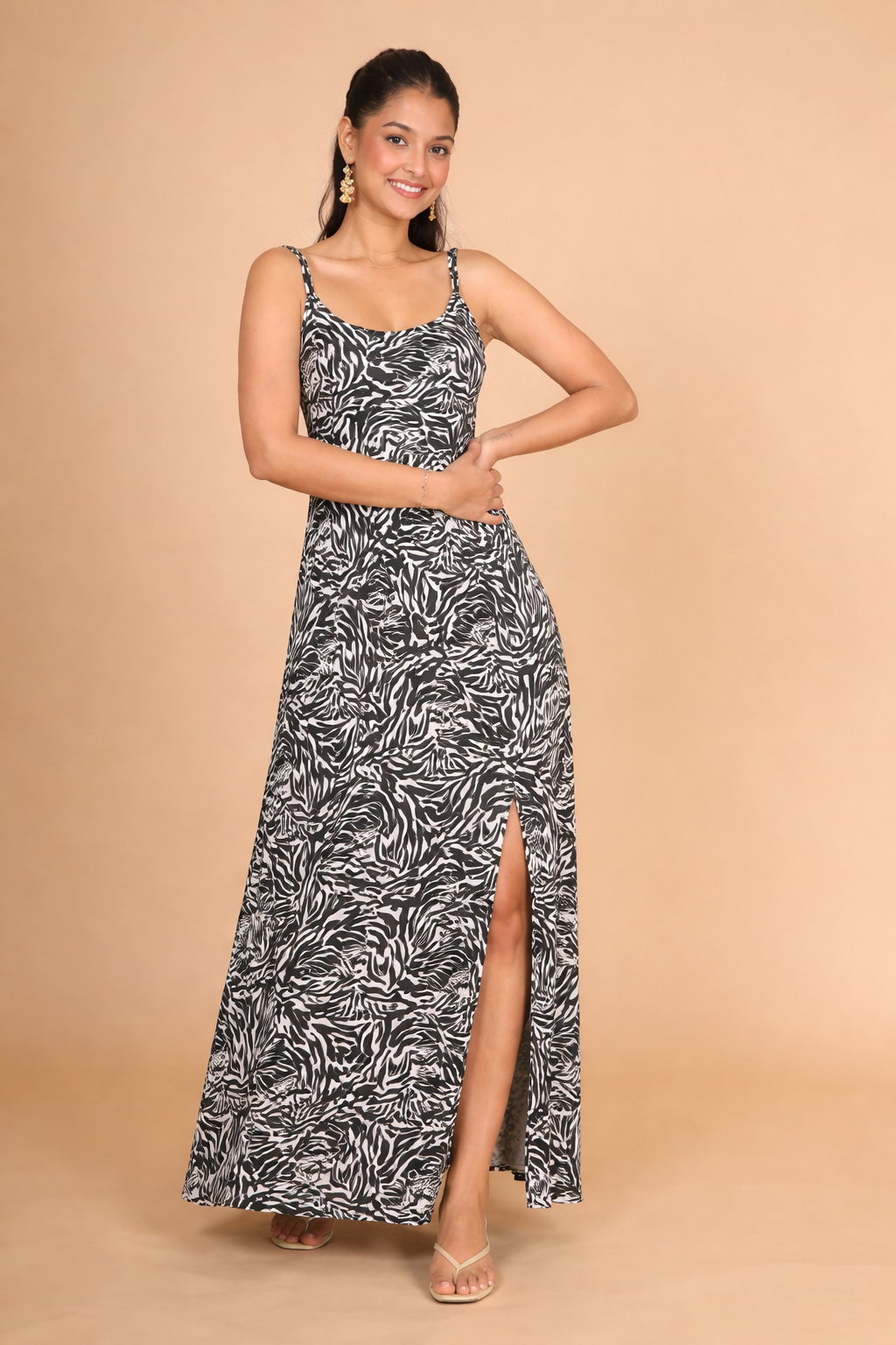 Women’s Black & White Zebra Print Maxi Dress with Side Slit