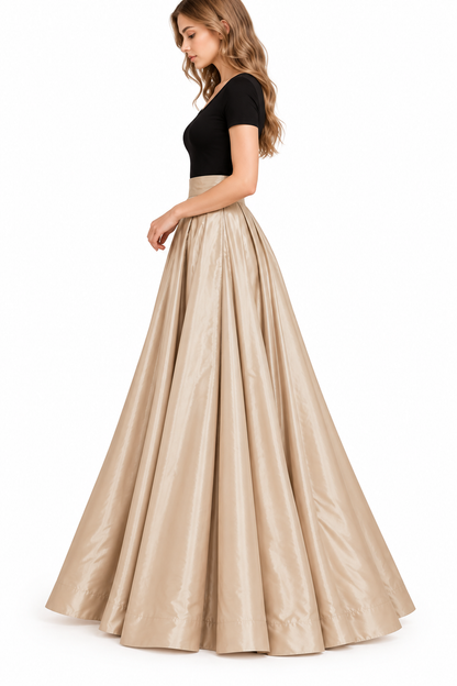 Women’s Champagne Beige Glass Satin Flared Maxi Skirt | High-Waist, Full-Length, Elegant Party Wear Skirt