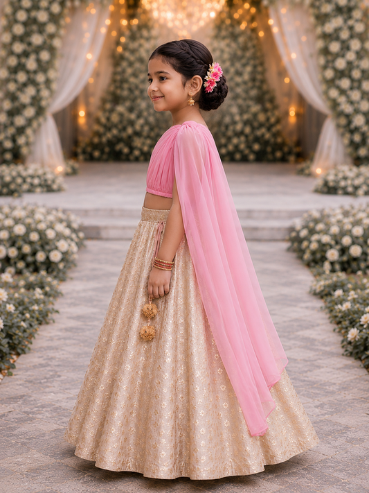 Girls' Pink One Shoulder Lehenga Choli Set