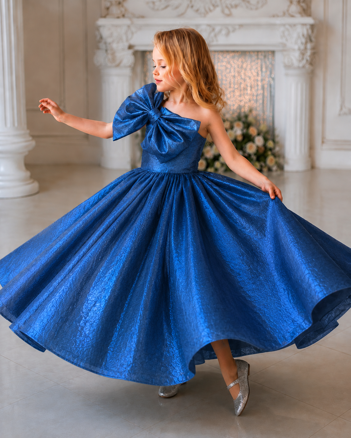Sapphire Grace One-Shoulder Bow Twirl Party Dress