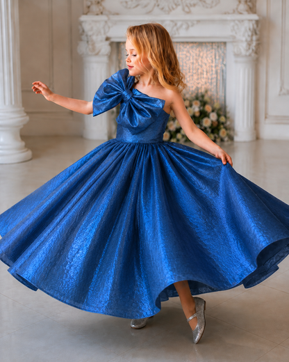 Sapphire Grace One-Shoulder Bow Twirl Party Dress
