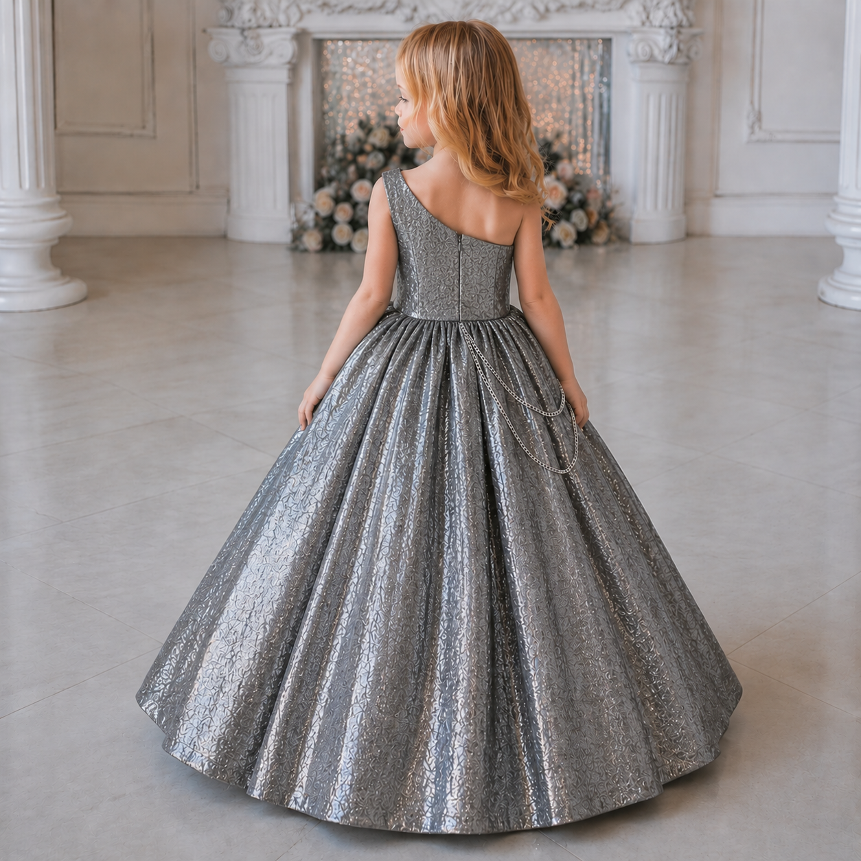 Platinum Pearl One-Shoulder Bow Princess Ball Gown