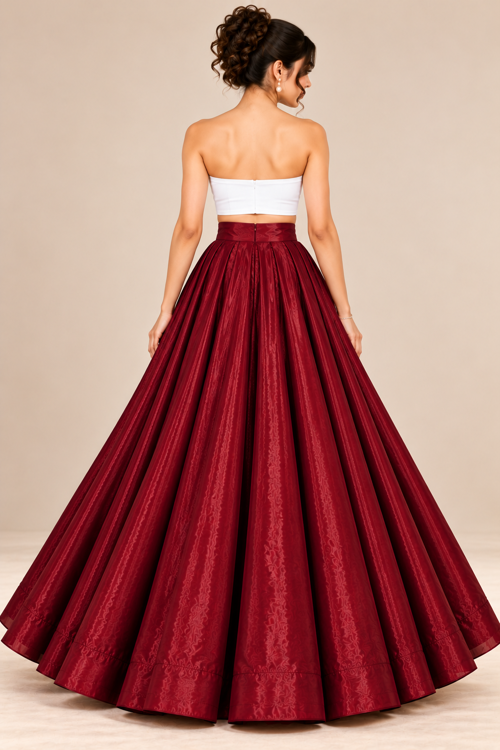 Women’s Maroon Glass Satin Flared Maxi Skirt | High-Waist Pleated Long Skirt for Party & Festive Wear