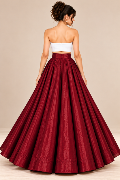 Women’s Maroon Glass Satin Flared Maxi Skirt | High-Waist Pleated Long Skirt for Party & Festive Wear