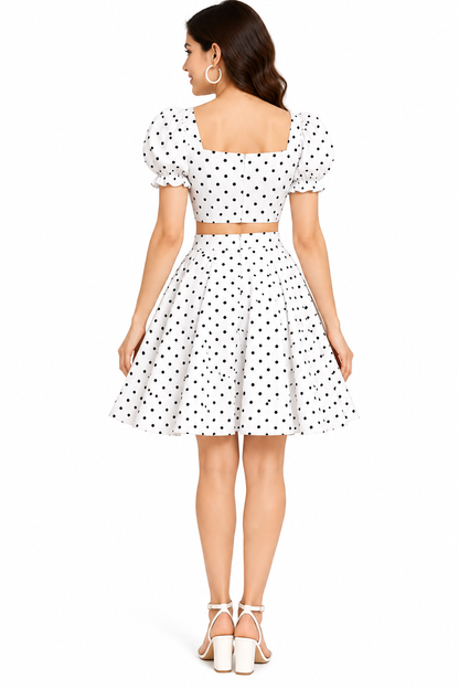 White Polka Dot Crop Top & Skirt Set for Women | Cotton Co-Ord