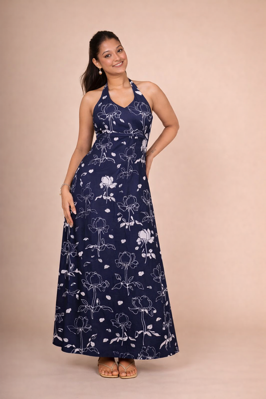 Women’s Navy Blue Floral Halter Neck Maxi Dress