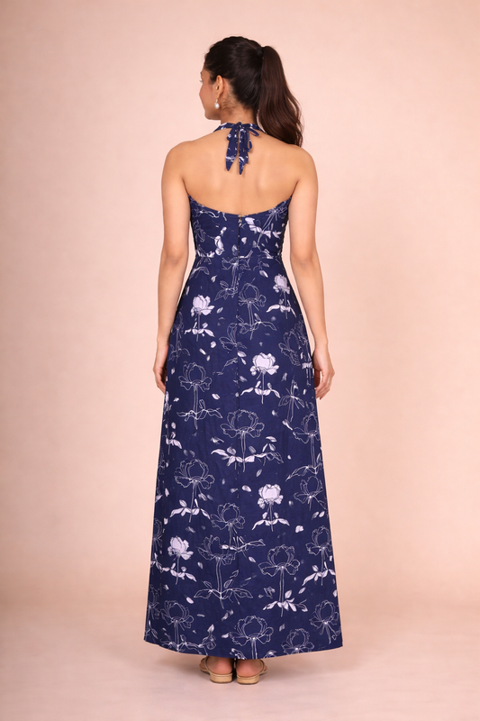 Women’s Navy Blue Floral Halter Neck Maxi Dress