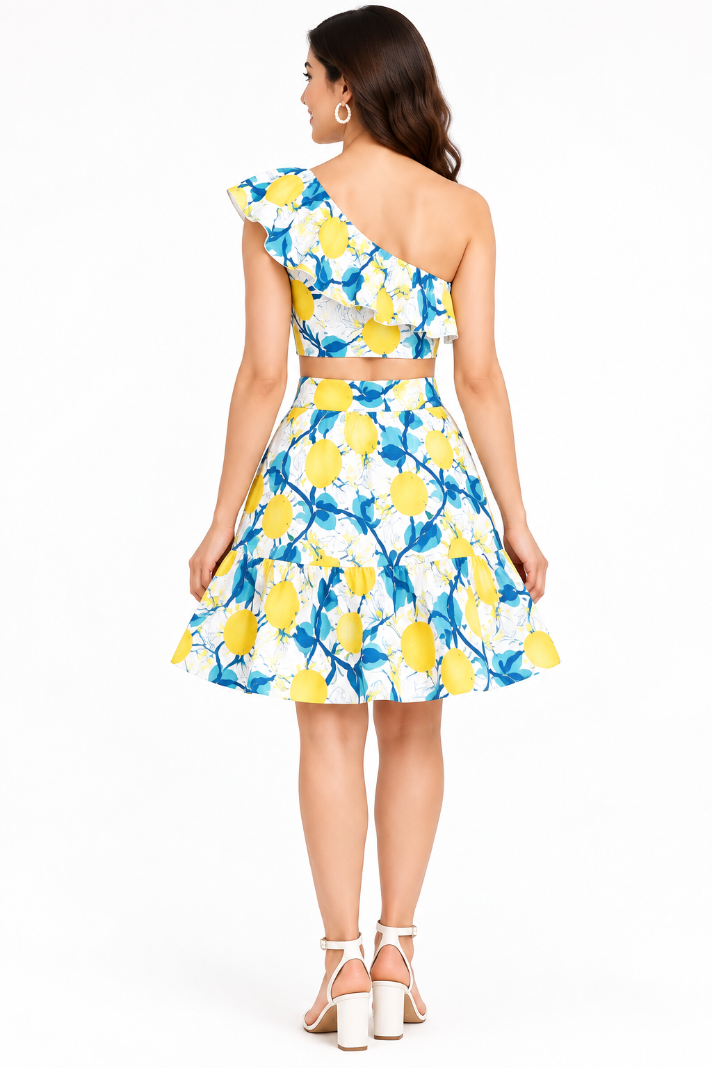 Lemon Print Crop Top & Skirt Set for Women | White Cotton Co-Ord