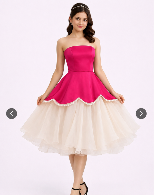 Women's Hot Pink Strapless Fit & Flare Midi Dress | Pearl Trim Layered Tulle Party Dress